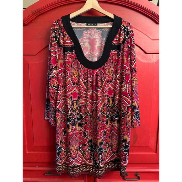 Apt. 9 3X Long Tunic Top or Dress Red Gold Black Paisley Dressy Casual EUC - Picture 1 of 3